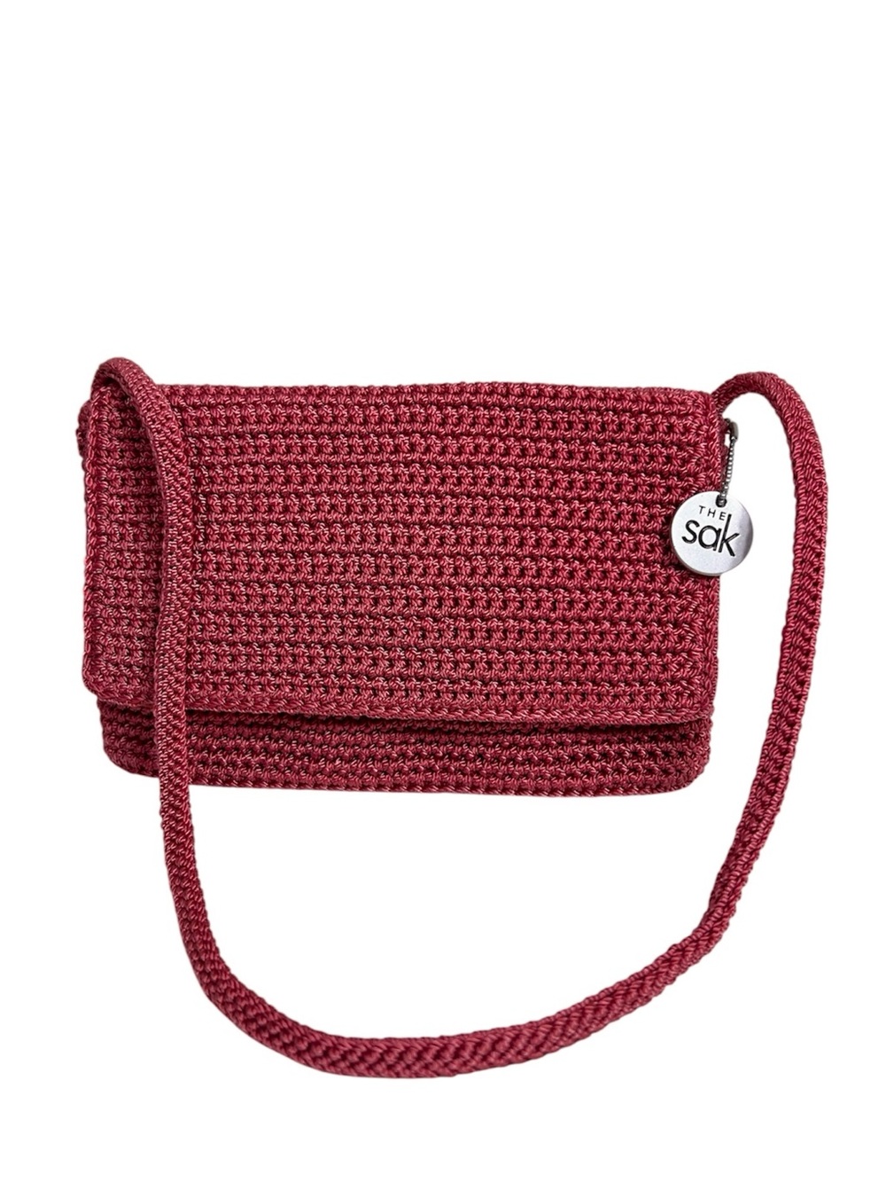 The Sak Red Coral Hand Crochet Flap Shoulder Bag Small Lined Practical